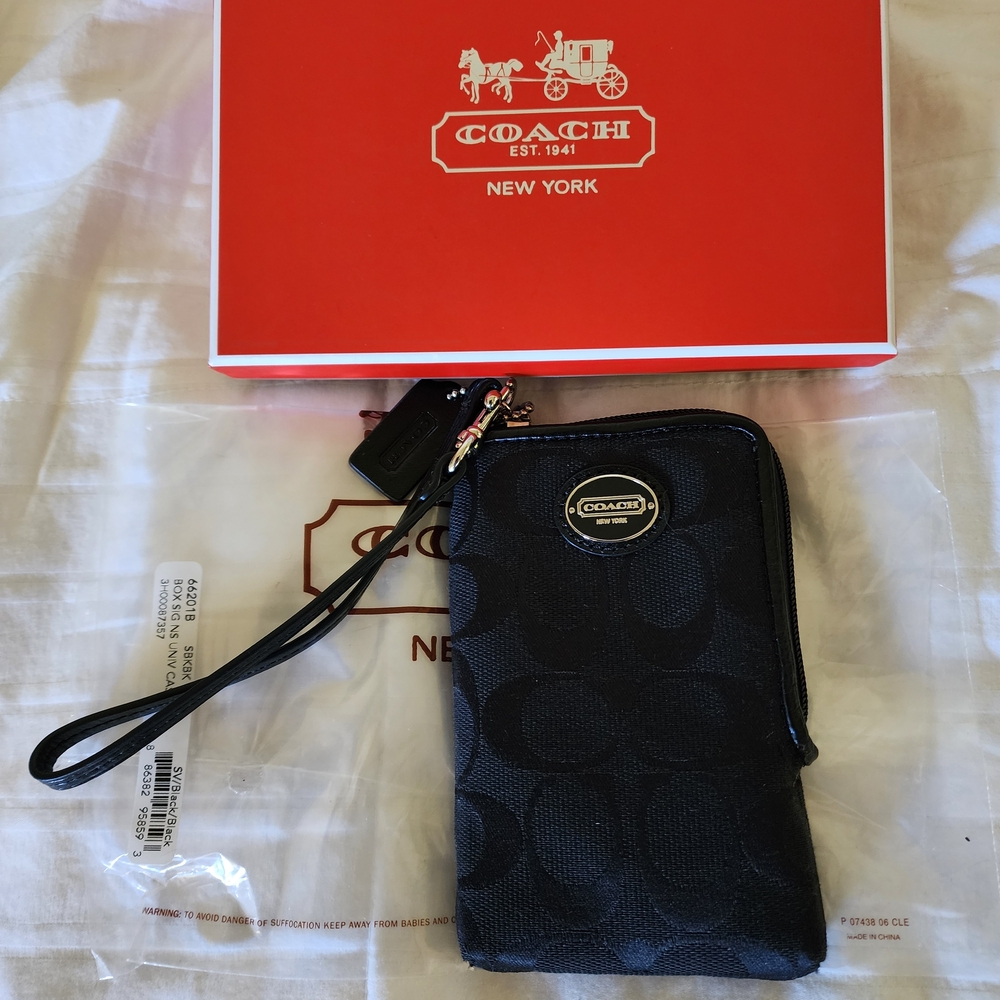 Coach Black Leather Phone Case with Wrist Strap